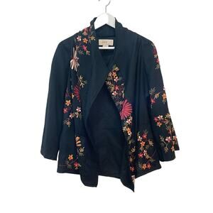 Anu Black 100% Wool Sz M Multicolor Embroidered Flowers Lightweight Boho Jacket